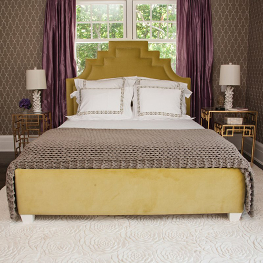 Custom upholstered queen-size bed in honeydew velvet designed by Barbara Page, opening bid $1,750. Photo by William A. Boyd Jr.